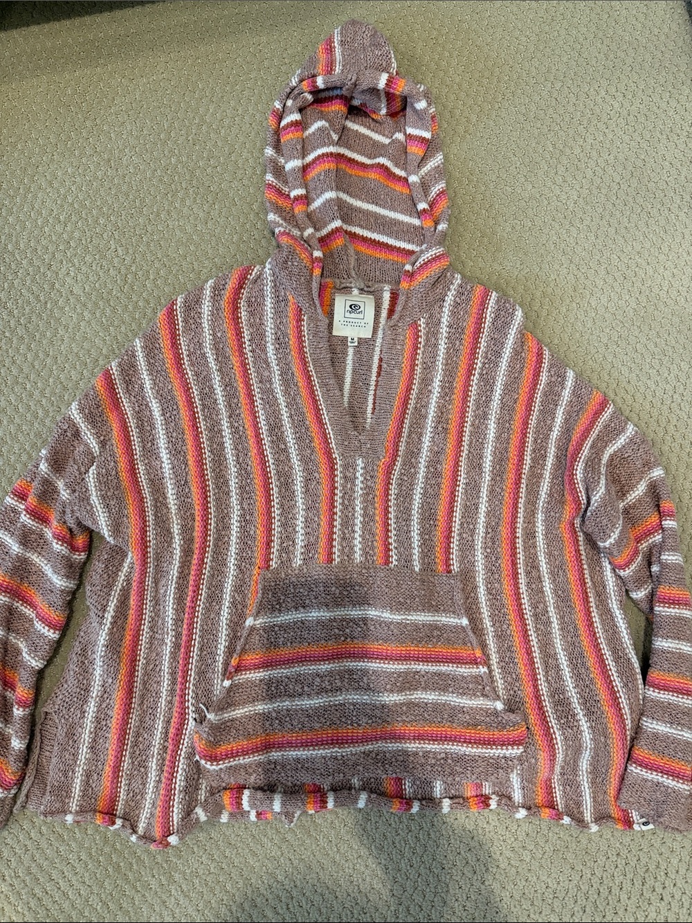 Rip Curl Tan Striped Knit Hoodie with Pink and Orange Accents